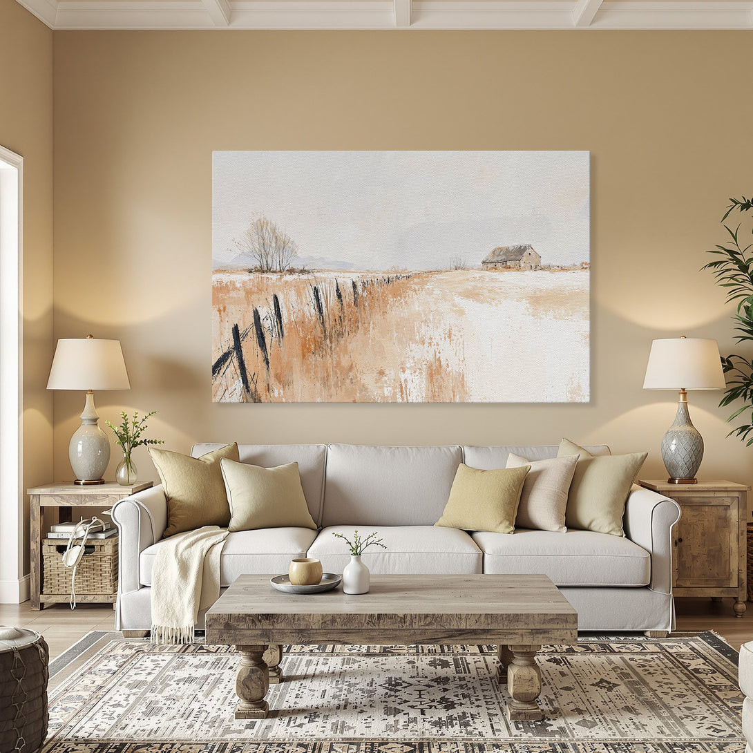 Framed Wall Art: Rustic landscape Canvas Print with warm neutral tones. Perfect for adding a touch of farmhouse charm to any room.