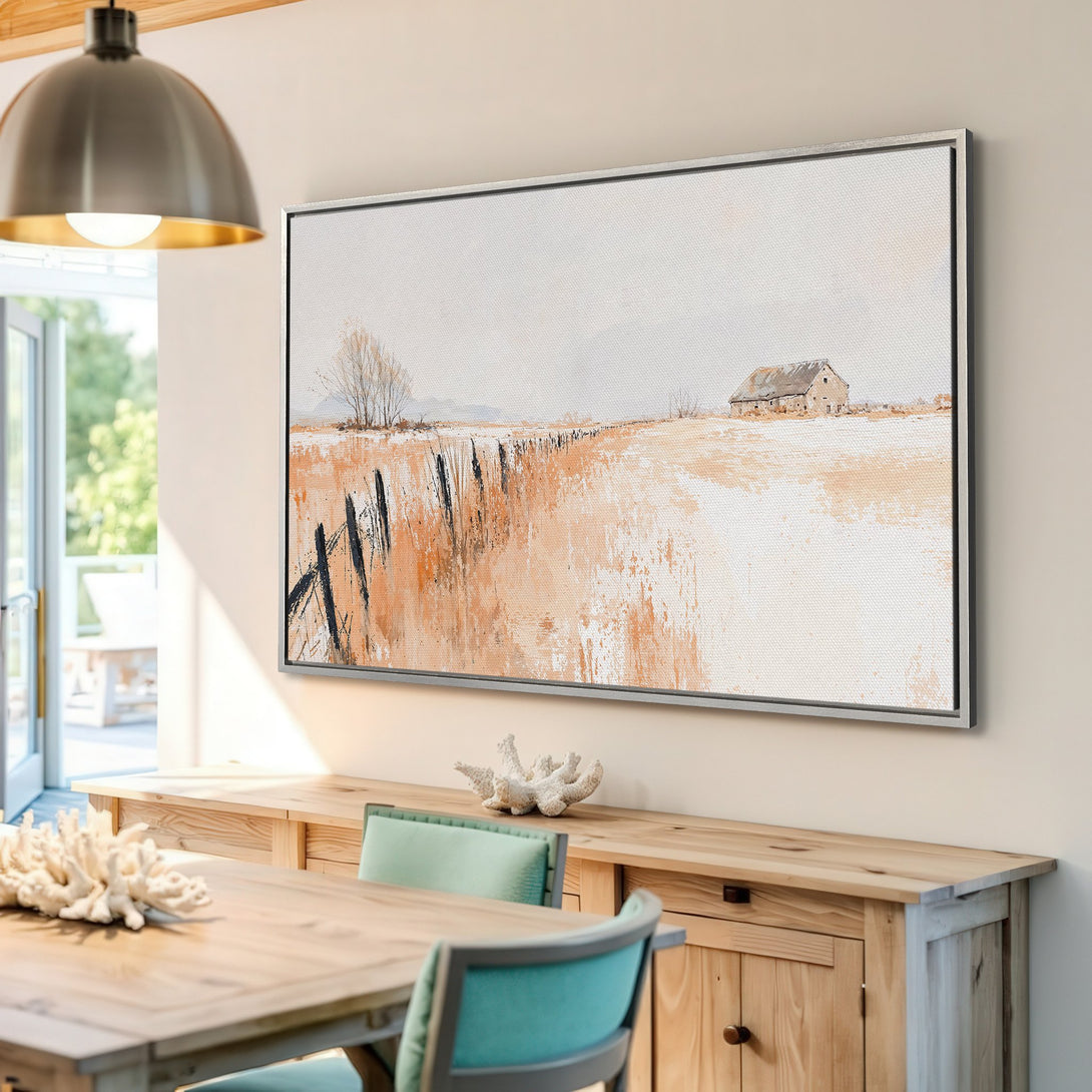 Framed Wall Art featuring a rustic landscape painting with muted earth tones. Perfect for adding a touch of warmth and style to your home decor.