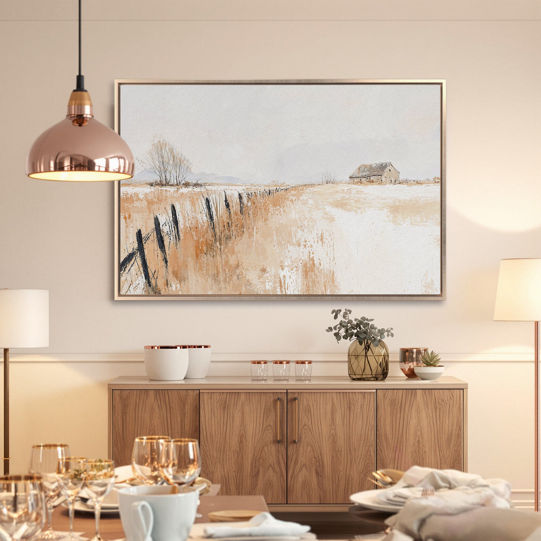 Framed Wall Art: Rustic landscape Canvas Print in neutral tones. Perfect for adding warmth and style to your home decor.