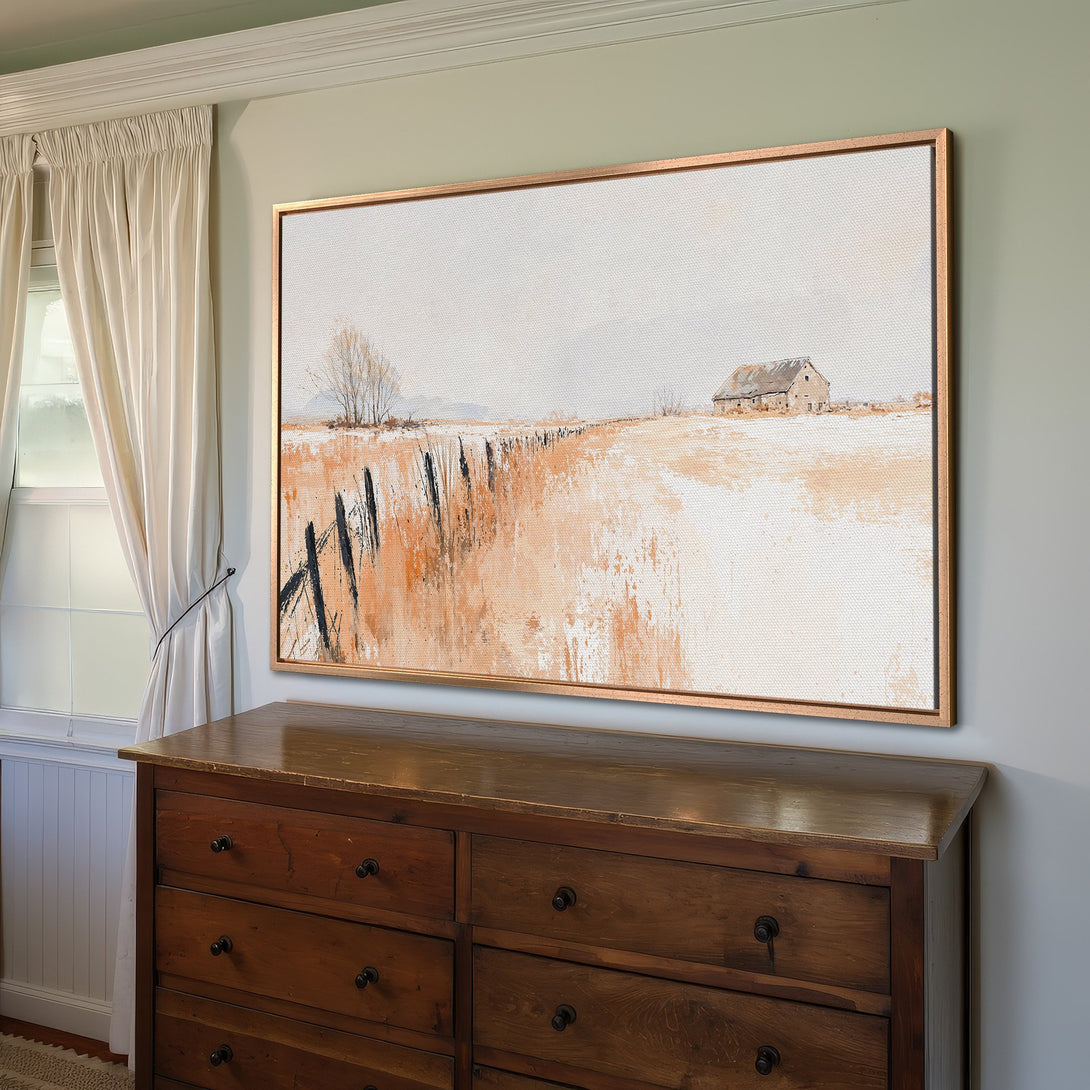 Framed Wall Art: Rustic barn landscape Canvas Print in warm neutral tones. Perfect for farmhouse decor. Shop now for beautiful wall art!