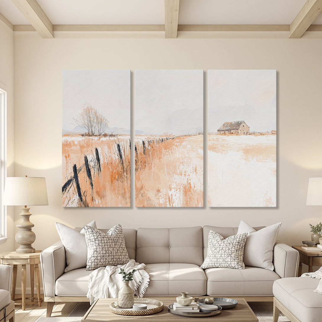 Canvas Print triptych featuring a serene landscape painting in neutral tones. Rustic barn and field art adds a touch of warmth and style to any space.