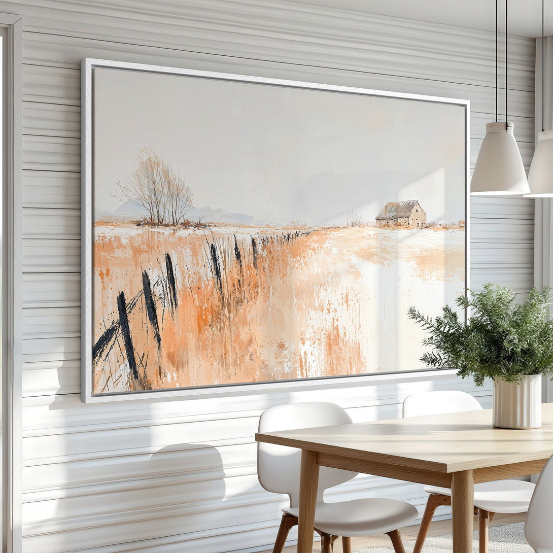 Framed Wall Art: Abstract landscape Canvas Print in neutral tones. Rustic barn scene with warm orange and beige palette, perfect for modern farmhouse decor.
