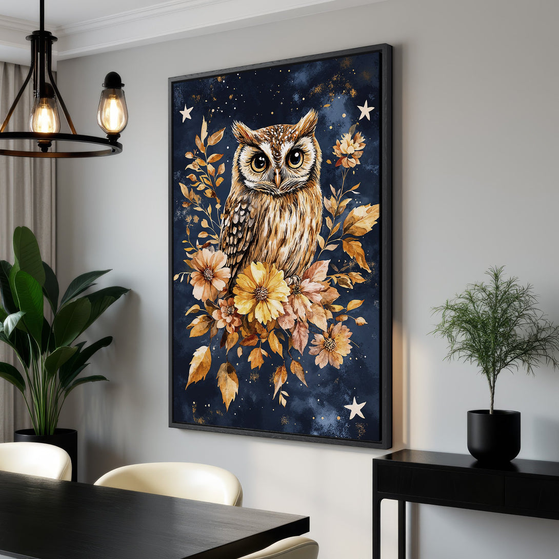 Framed Wall Art featuring a watercolor owl with floral accents. Dark blue background with gold and brown hues. Perfect for adding a touch of nature to your home.