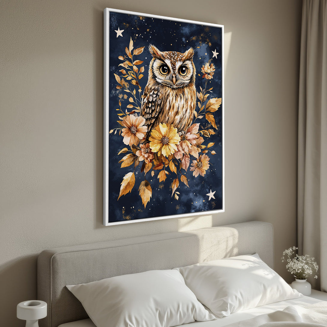 Framed Wall Art: Watercolor owl print with a navy and gold color palette. Perfect for adding a touch of nature and elegance to your bedroom decor.