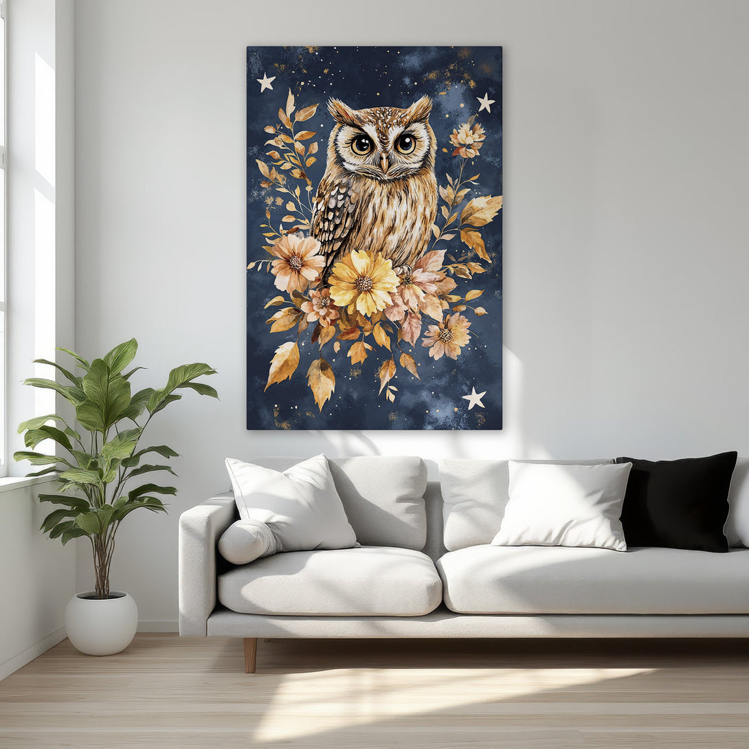 Framed Wall Art: Majestic owl print in watercolor style, featuring a rich blue, gold, and brown color palette. Perfect bedroom decor.