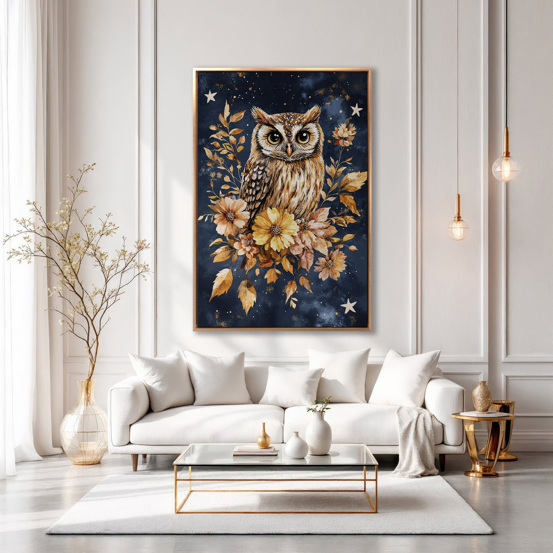 Framed Wall Art: Watercolor owl print in a gold frame, featuring a navy blue background with gold and yellow floral accents. Perfect for adding elegance to any room.
