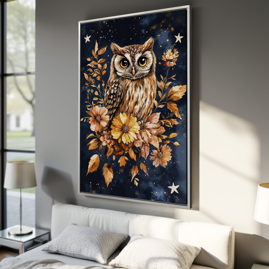 Framed Wall Art: Watercolor owl painting with floral details, set against a dark blue background. Warm gold and brown color palette creates a cozy, elegant vibe.