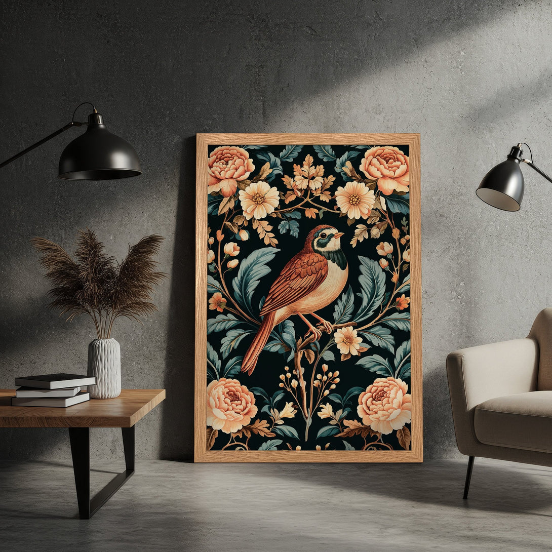 Framed Poster featuring a bird and floral design in a vintage style with a warm, earthy color palette. Perfect wall art!