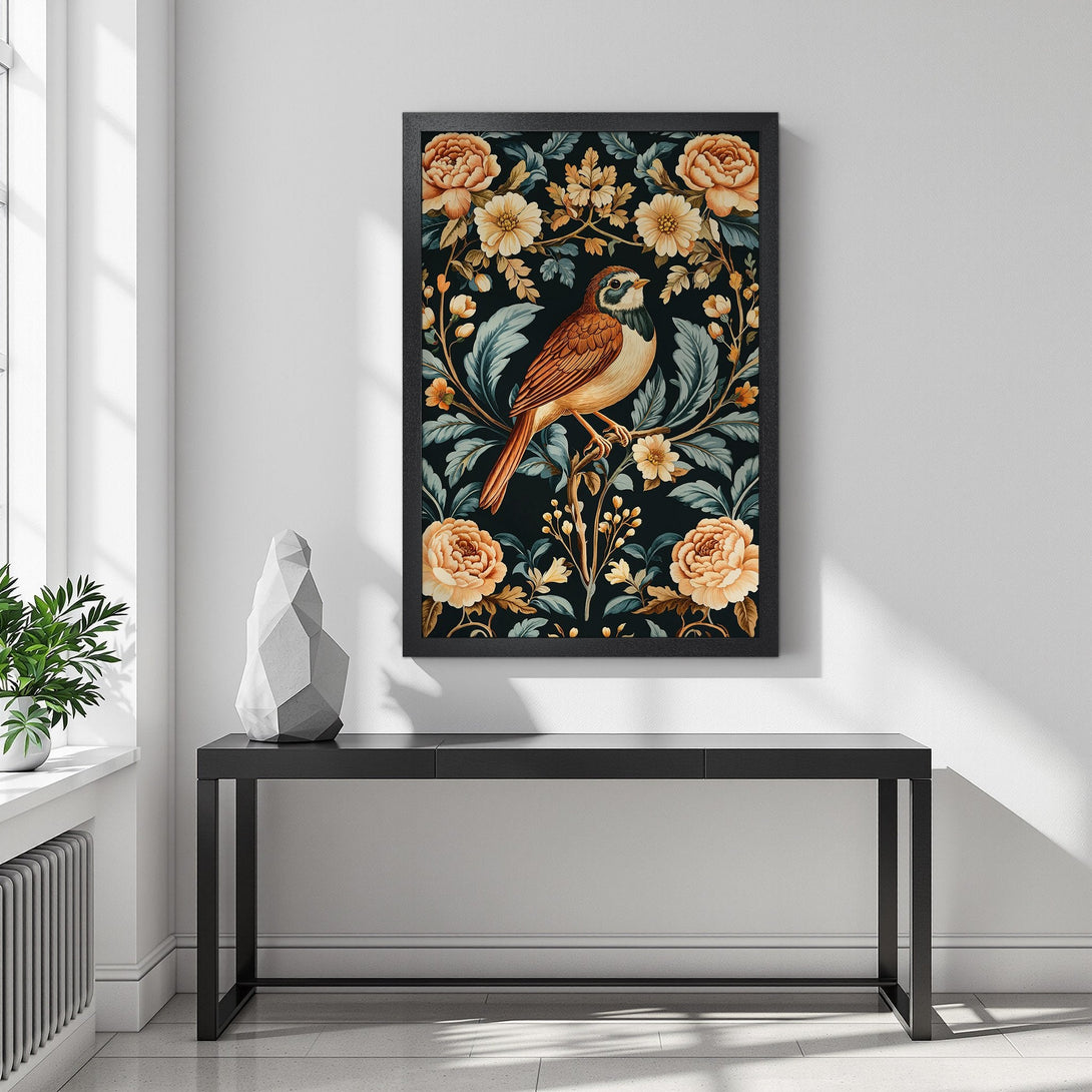 Framed Poster featuring a bird and floral design in a vintage style with a warm, earthy color palette. Perfect wall art!