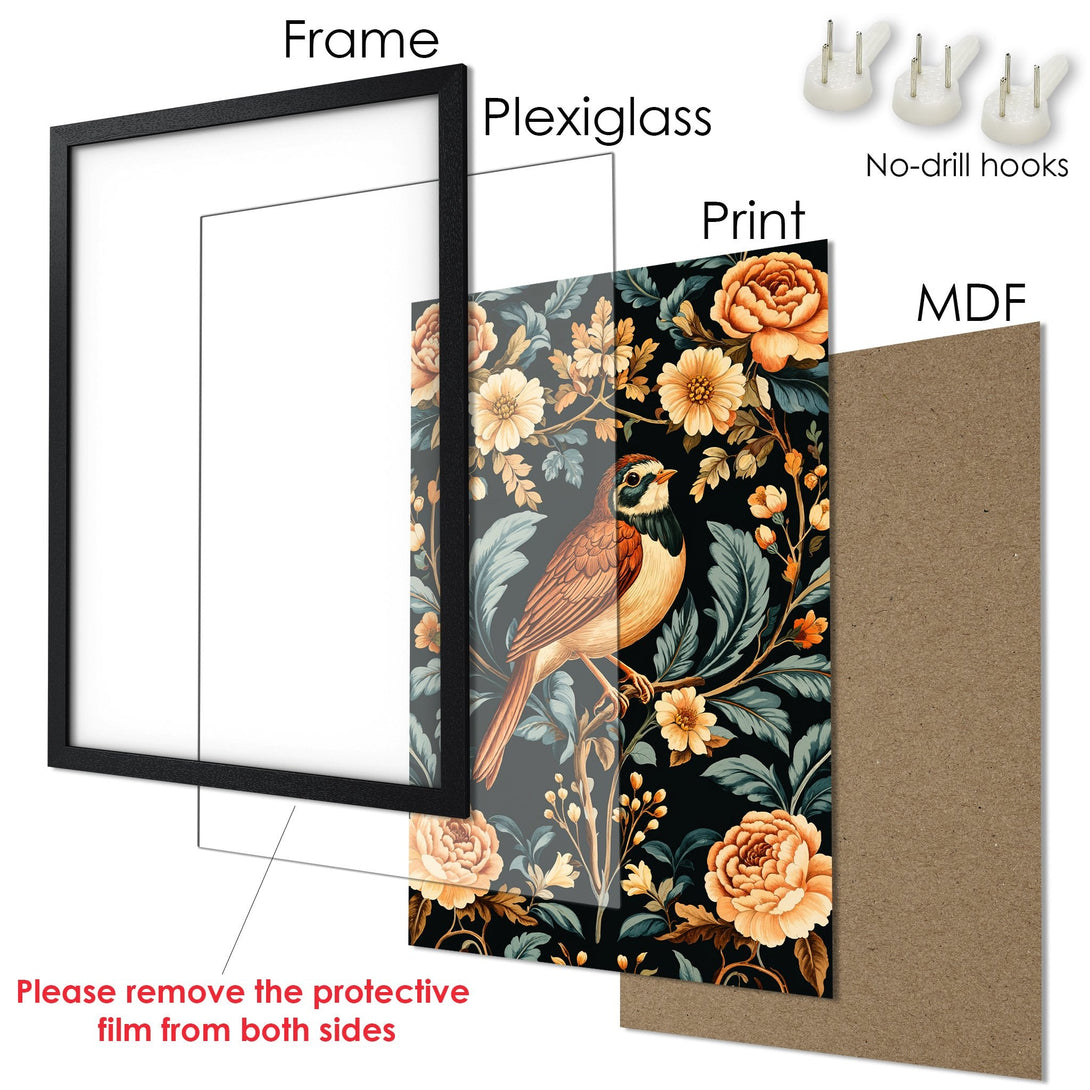 Framed Poster featuring a bird and floral design in a vintage style with a black, orange, and teal color palette. Perfect wall art!