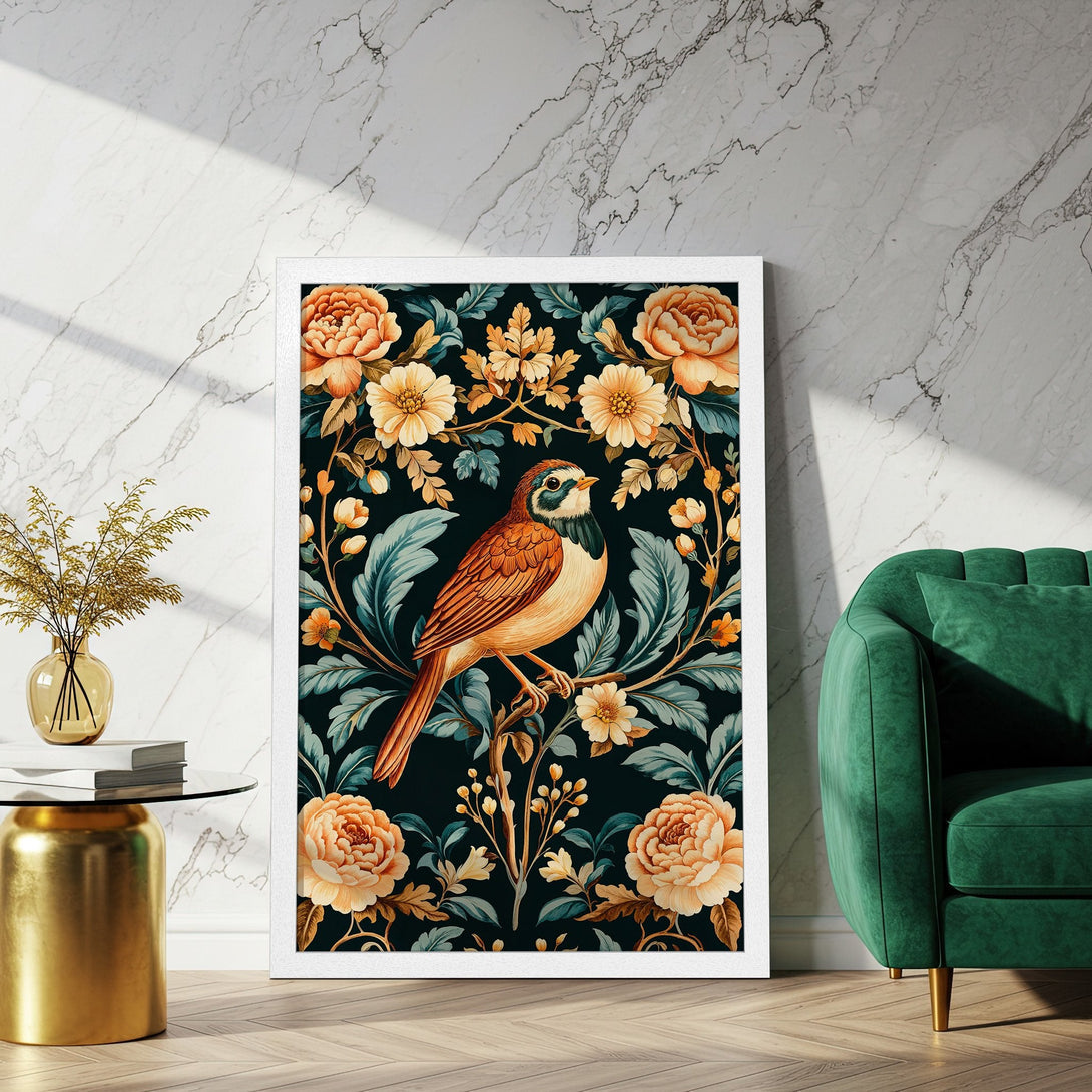 Framed Poster featuring a bird and floral design in a vintage style, with a warm, earthy color palette. Perfect wall art!