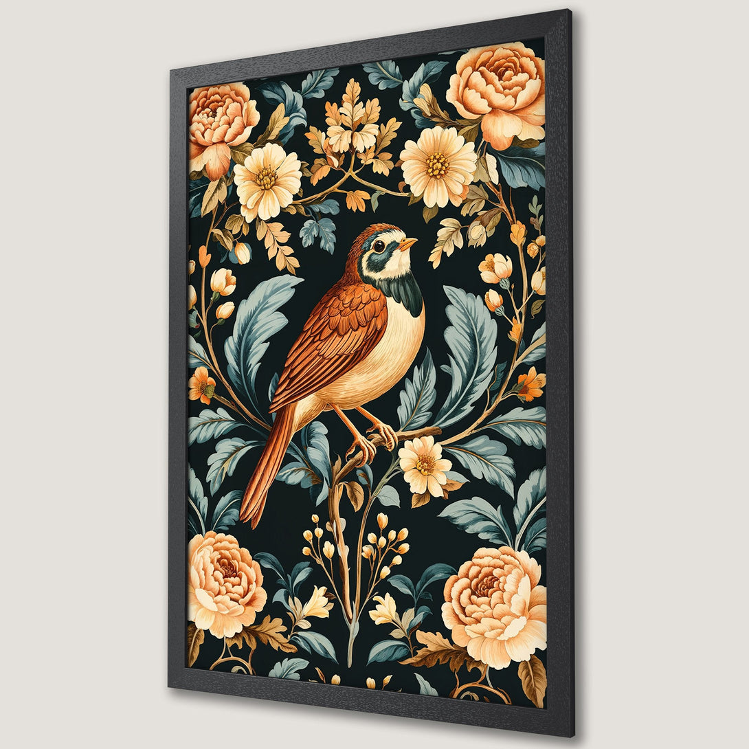 Framed Poster featuring a bird and floral design in a vintage style with a warm, earthy color palette. Perfect wall art!