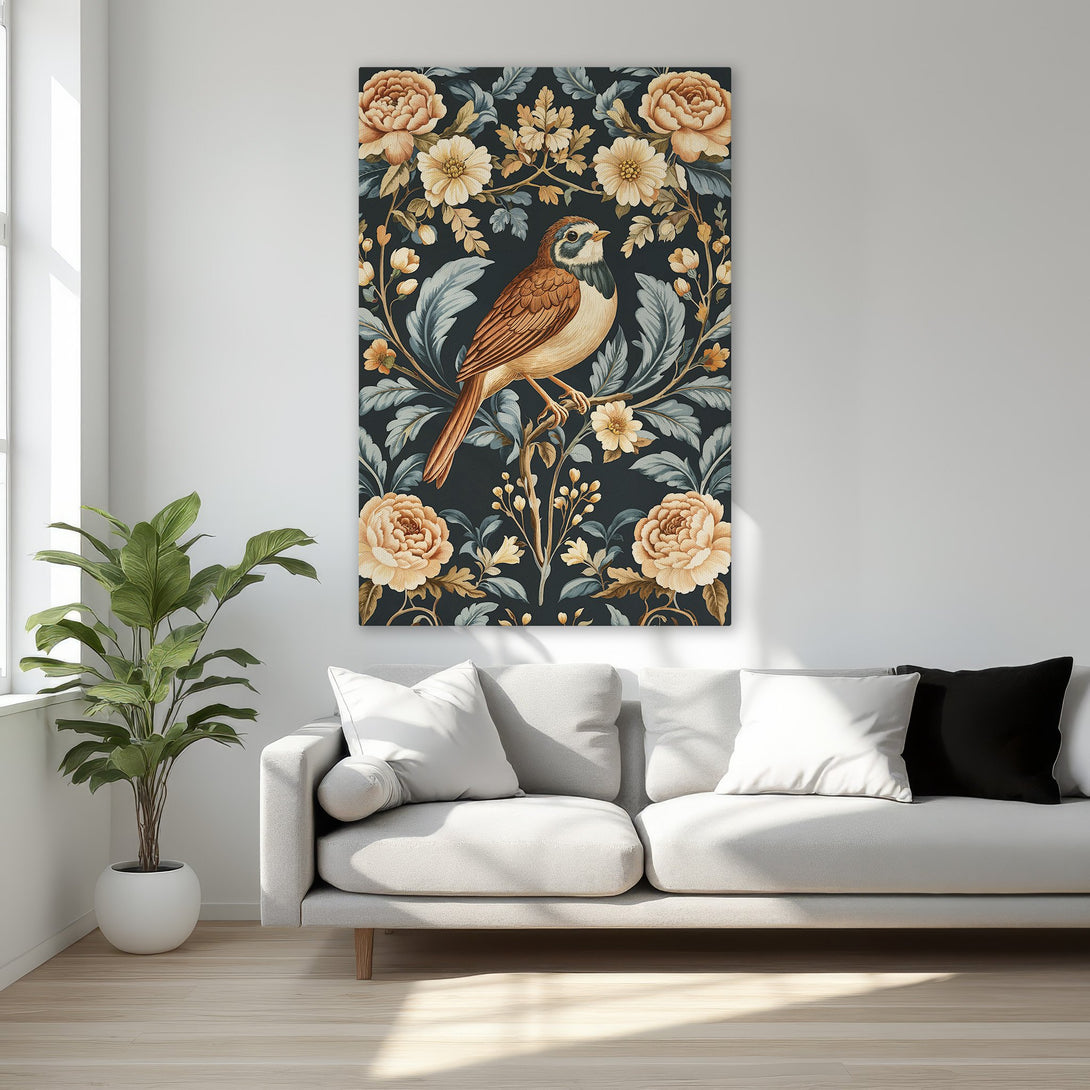 Framed Wall Art: Bird and floral design in a classic style with a dark background, featuring warm beige, brown, and blue tones. Perfect for bedroom decor.