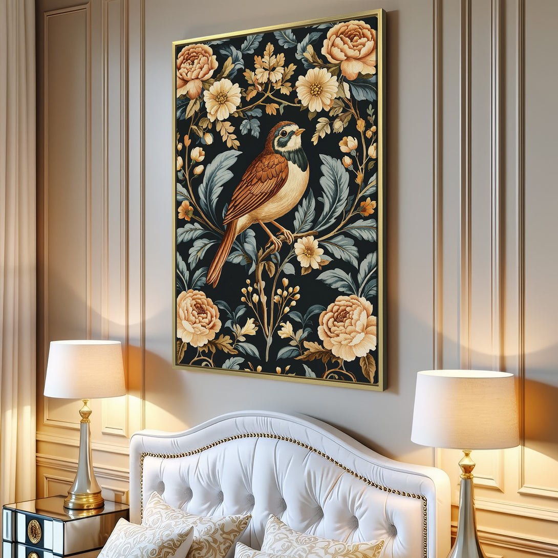 Canvas Print featuring a bird and floral design in a vintage style. Warm, earthy tones on a dark background. Perfect wall art for any room!
