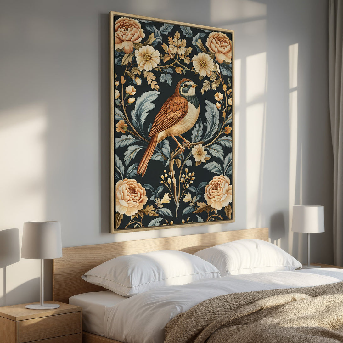 Framed Wall Art: Vintage bird and floral design in warm tones. Elegant canvas print perfect for bedroom decor.