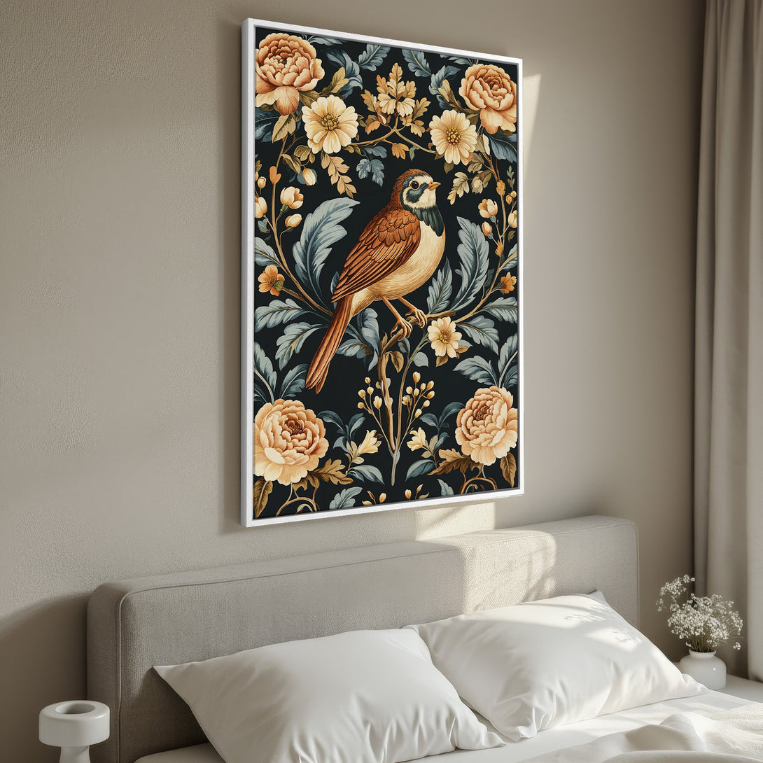 Framed Wall Art: Vintage bird Canvas Print with floral design. Features a warm, earthy color palette. Perfect for adding a touch of nature to your space.