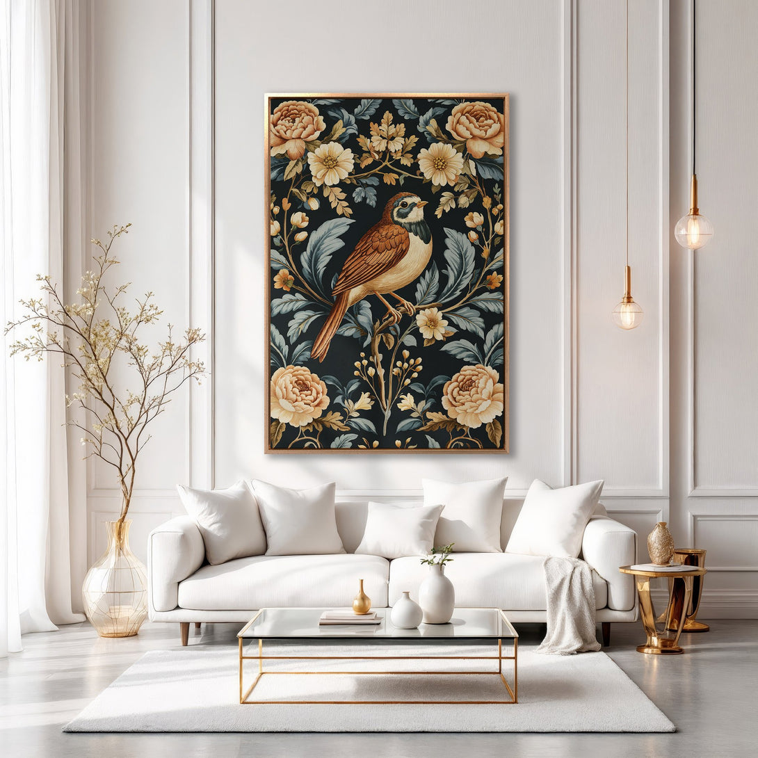 Framed Wall Art featuring a bird and floral design in a classic style. Earthy tones and a dark background create a sophisticated look for any interior.
