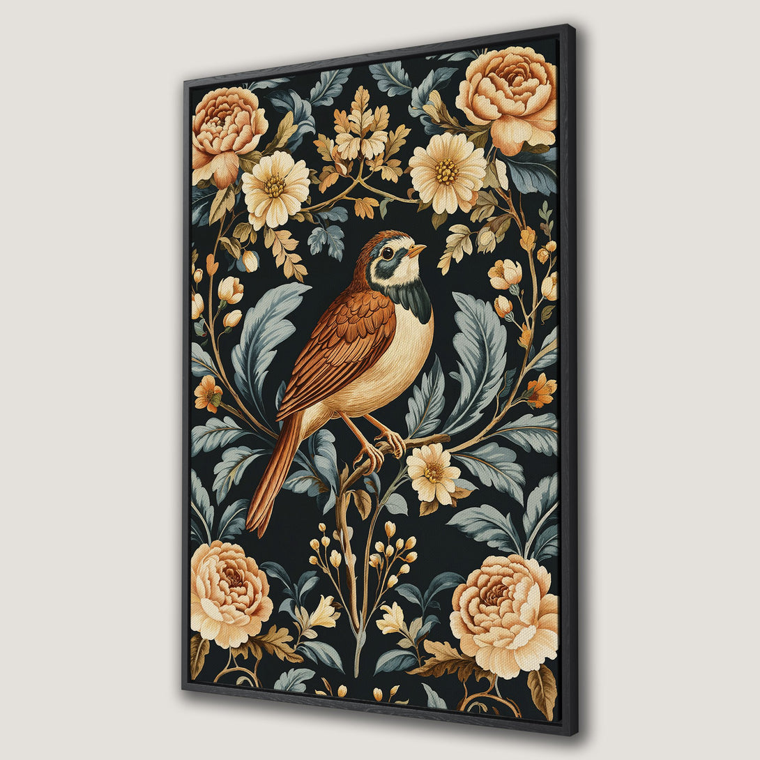 Framed Wall Art featuring a vintage bird illustration with floral elements. Botanical style in a dark, moody color palette with gold and teal accents.