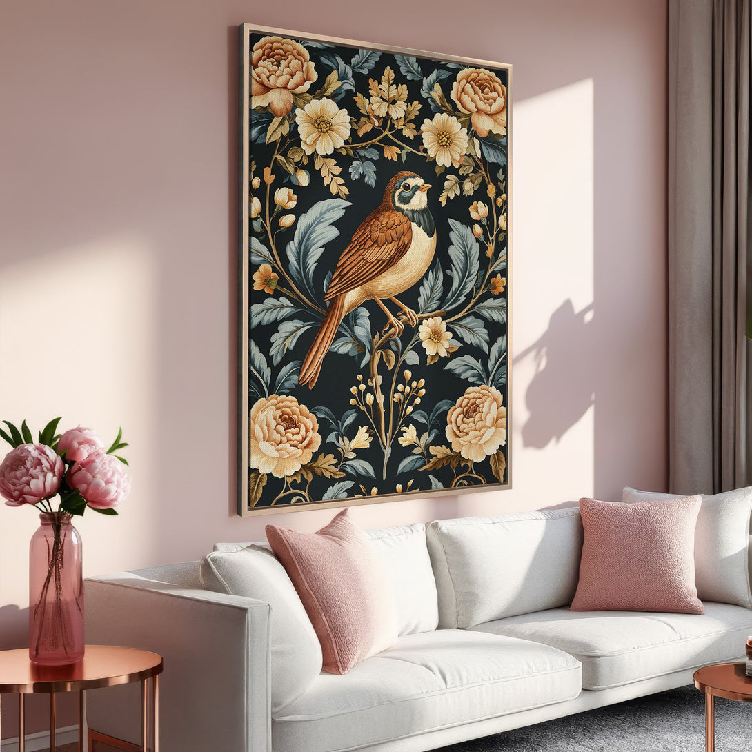 Framed Wall Art: Vintage bird canvas print in a floral design with a warm, muted color palette. Perfect for adding a touch of elegance to any room.