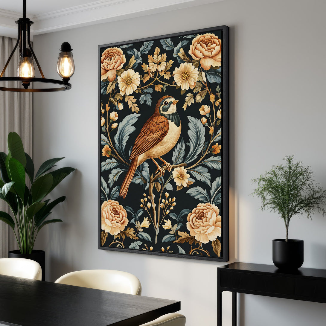 Framed Wall Art featuring a bird and floral design in a vintage style. The canvas print showcases a dark background with warm, earthy tones.