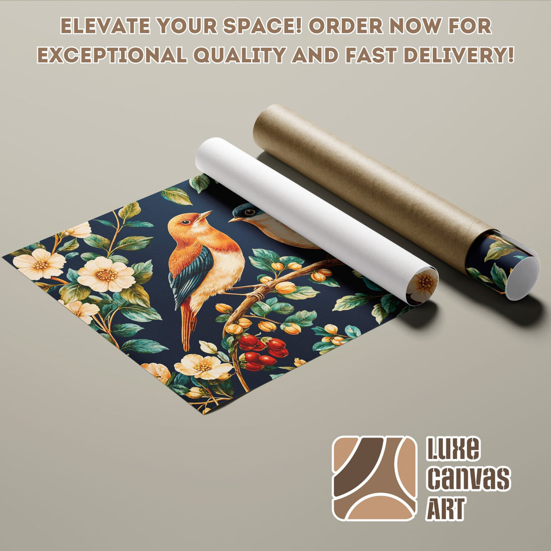 Poster Roll featuring birds and floral design, navy blue background, warm color palette.
