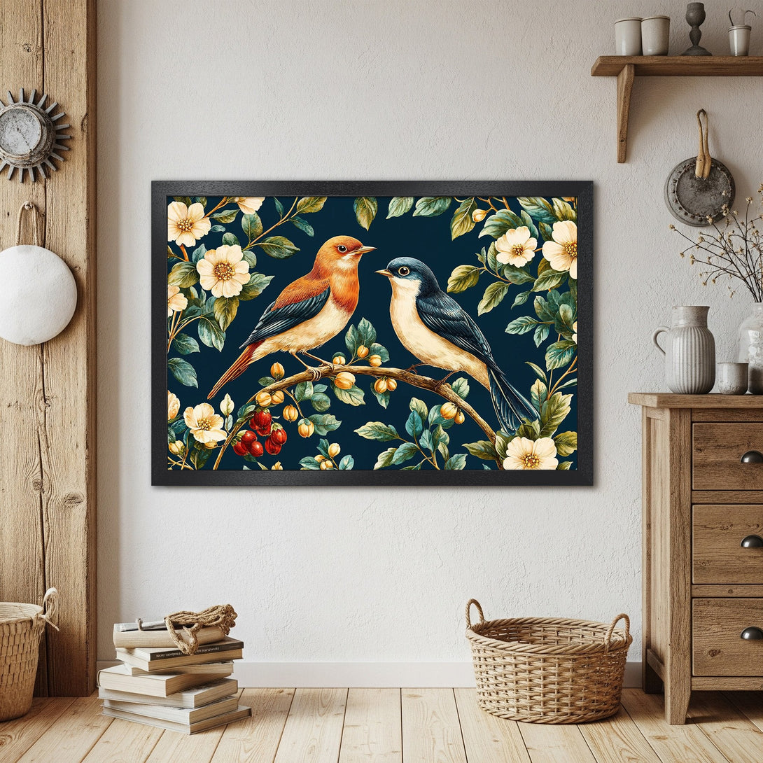 Framed Poster featuring watercolor birds on a branch with floral accents. Dark blue background with warm color palette. Perfect wall art!
