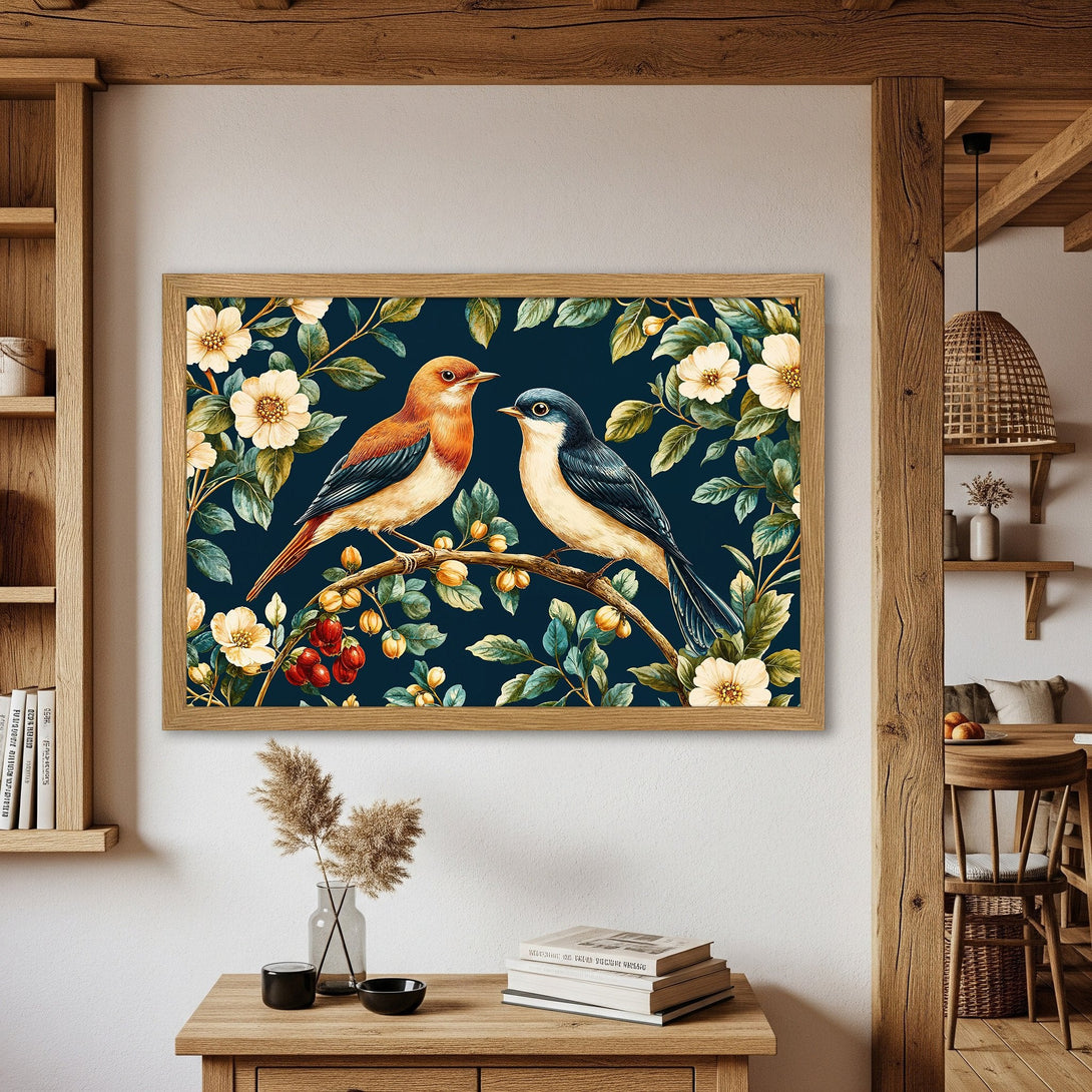Framed Poster featuring watercolor birds and floral design. Earthy tones with a dark blue background. Perfect wall art for your home!