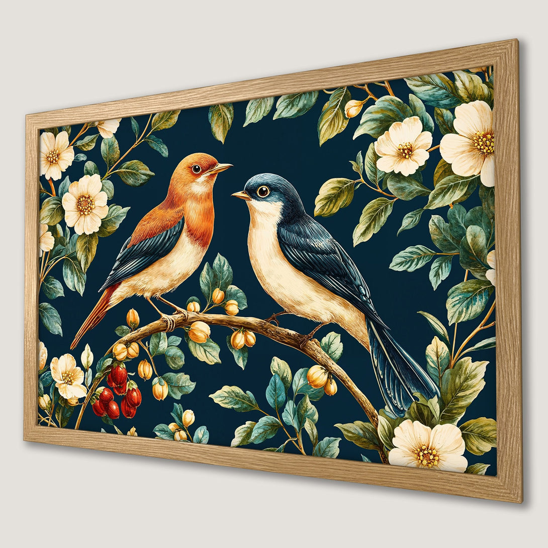 Framed Poster featuring watercolor birds on a branch with flowers, in a botanical style. Dark blue background with a warm color palette.