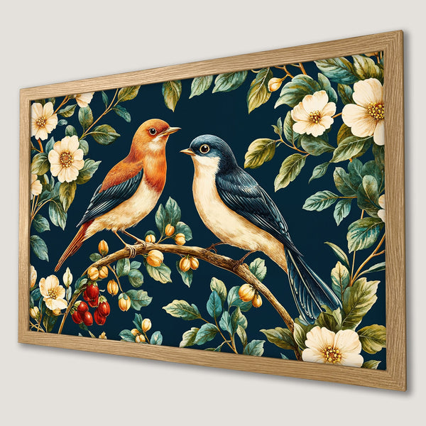 Framed Poster featuring watercolor birds on a branch with flowers, in a botanical style. Dark blue background with a warm color palette.