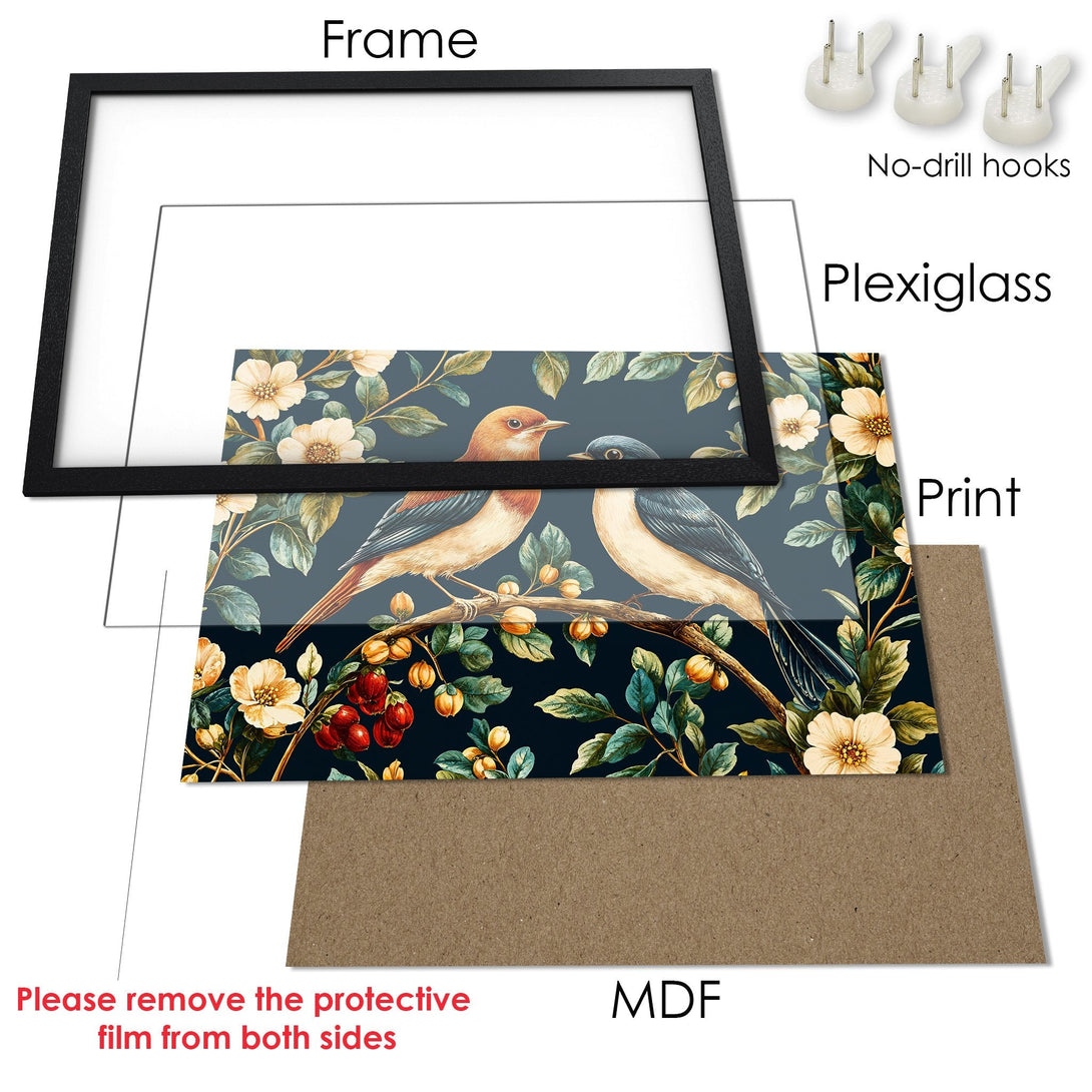 Framed Poster featuring birds & floral design in a vintage style with a dark blue and cream color palette. Perfect wall art!