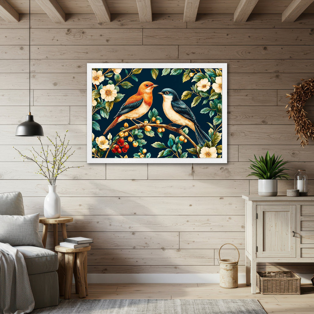 Framed Poster featuring watercolor birds on a branch. Elegant botanical art with a blue, orange, and green color palette. Perfect wall decor.