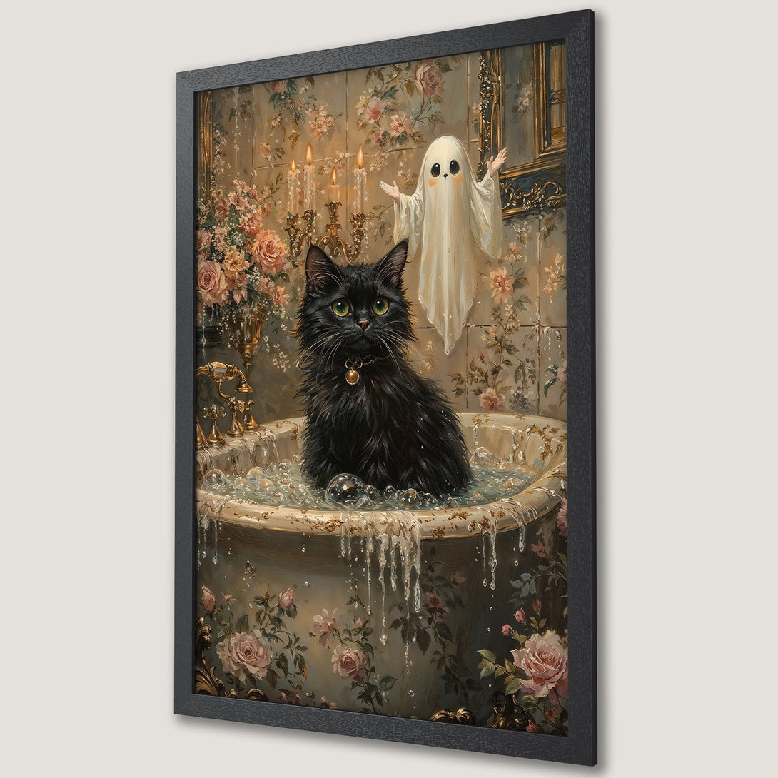 Framed Poster featuring a black cat in a bathtub with a ghost, vintage style, and a pastel color palette. Perfect for home decor!