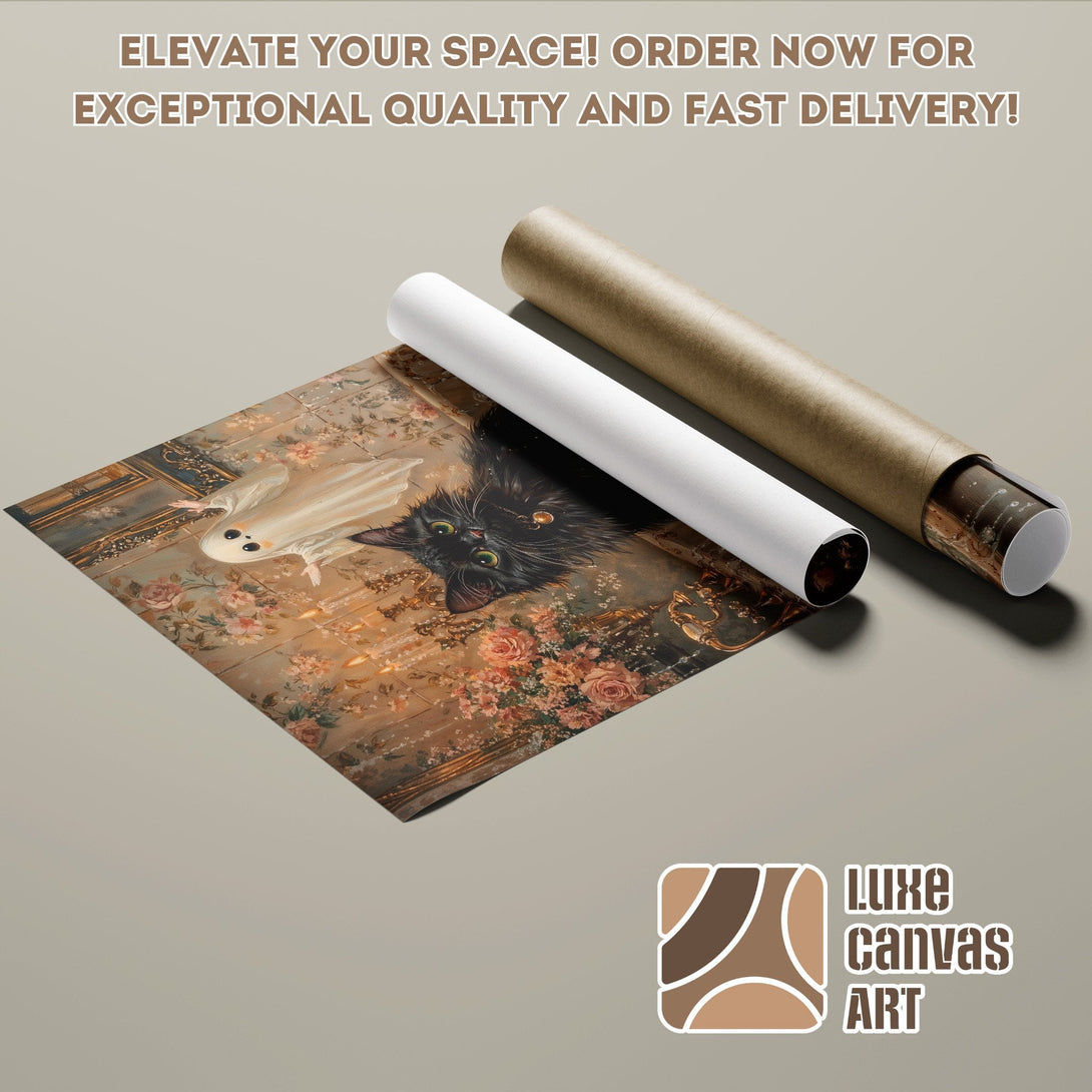 Whimsical Poster Roll featuring a black cat & ghost, vintage style, warm color palette. Order yours today!
