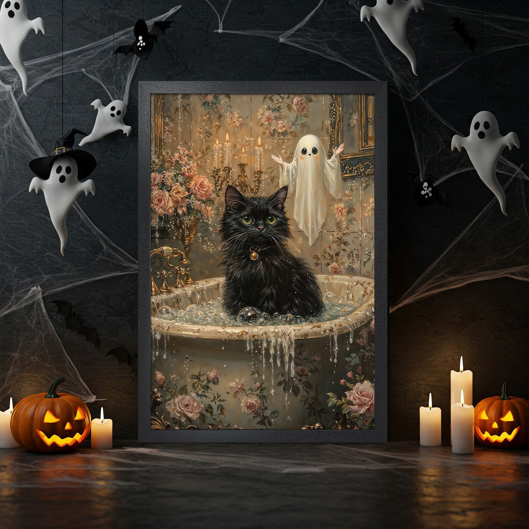 Framed Poster of a black cat in a bathtub, whimsical Halloween style with a vintage floral backdrop, warm color palette.