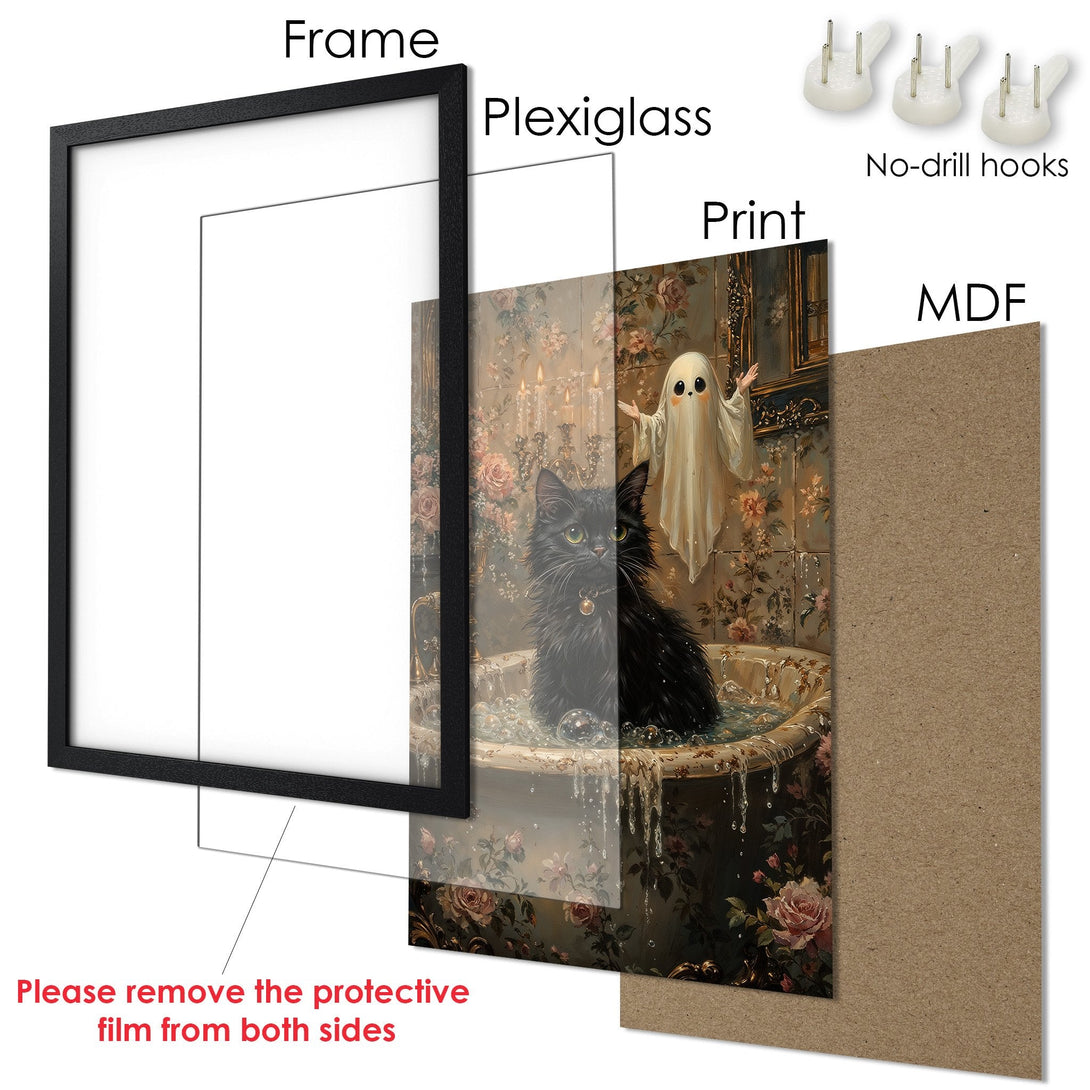 Framed Poster featuring a black cat in a bathtub with a ghost, Victorian style, warm color palette. Perfect wall art!