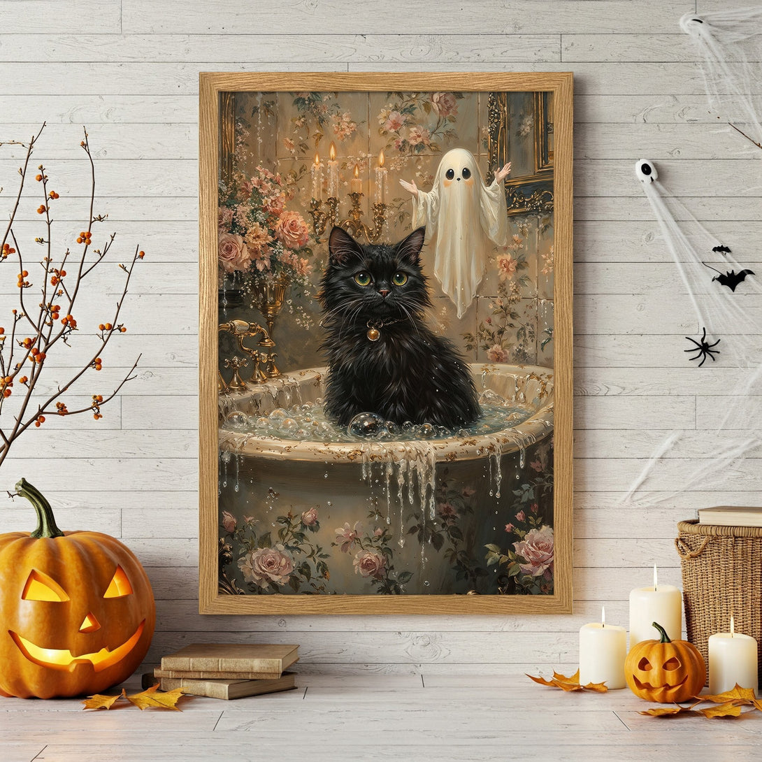 Framed Poster featuring a black cat in a bathtub with a ghost, vintage style, and a soft, muted color palette, perfect Halloween decor.