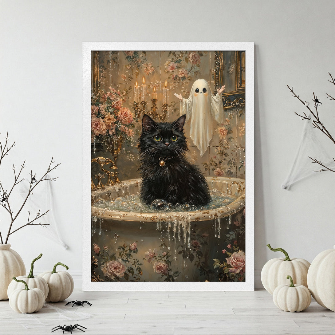 Framed Poster featuring a black cat in a bathtub with a ghost, vintage style, and a muted, earthy color palette perfect for Halloween decor.