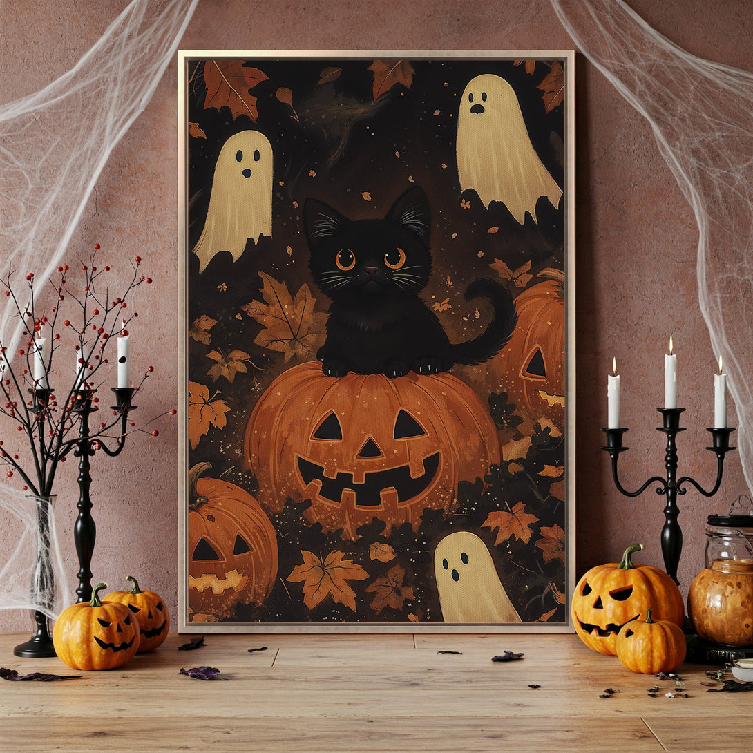 Framed Wall Art: Spooky Halloween scene with a black cat on a pumpkin, ghosts, and autumn leaves. Warm orange and black color palette. Perfect fall decor!