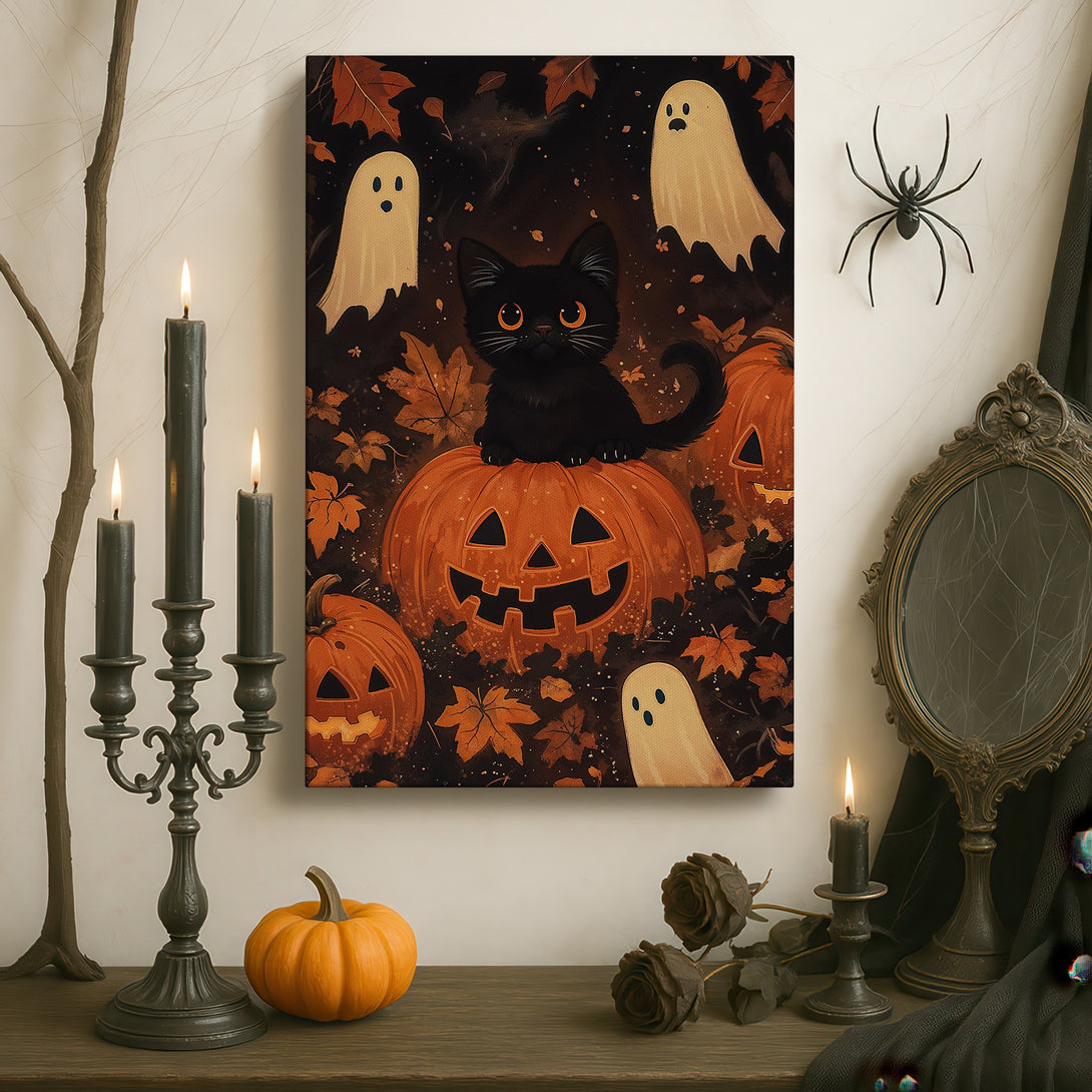 Framed Wall Art: Spooky Halloween scene with a black cat on a pumpkin, ghosts, and fall leaves. Warm orange, black, and beige color palette. Perfect for fall decor.