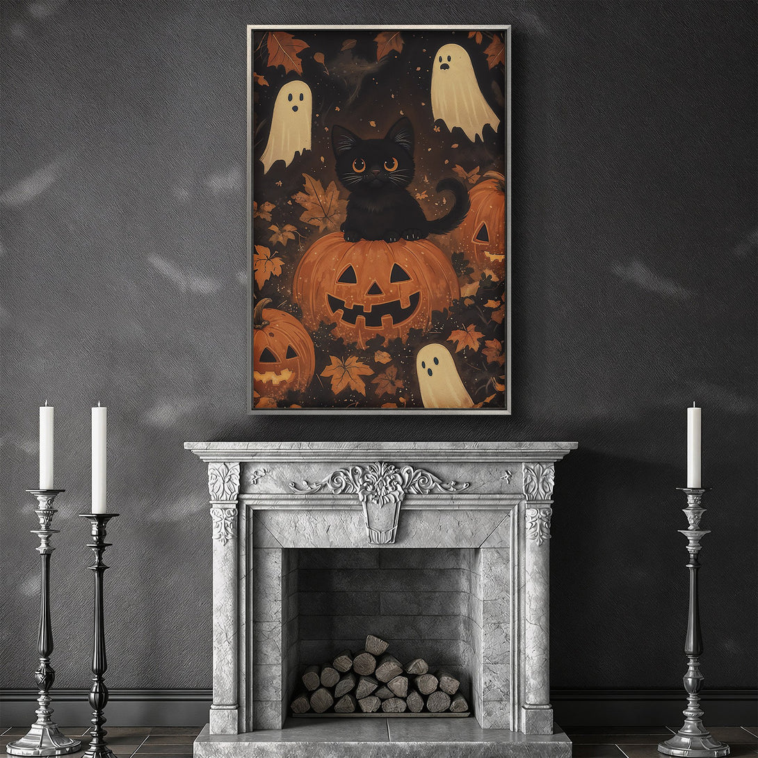 Framed Wall Art: Spooky Halloween scene with a black cat on a pumpkin, ghosts, and autumn leaves. Warm, autumnal color palette. Perfect for seasonal decor!