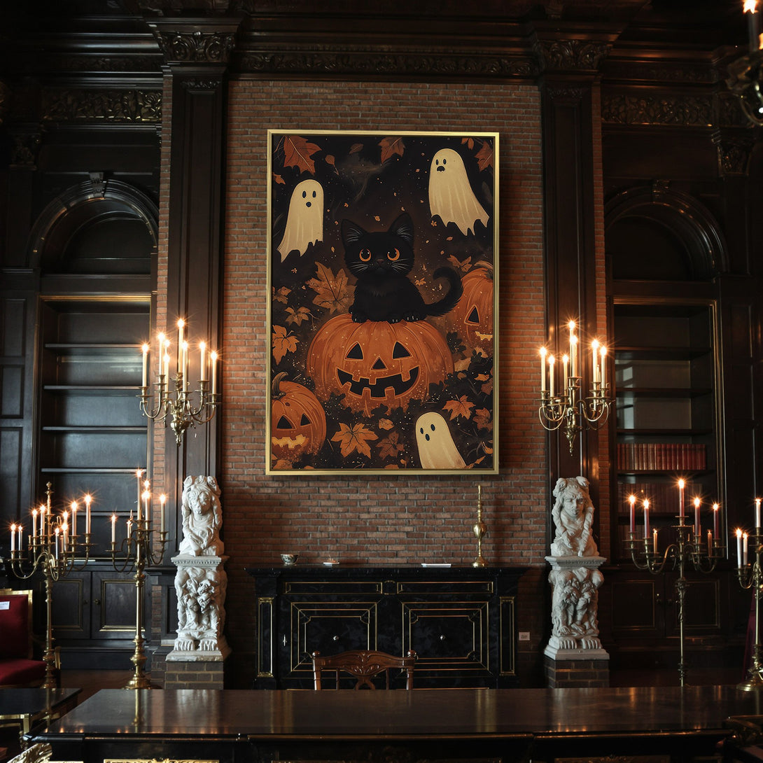 Canvas Print: Spooky Halloween art featuring a black cat on a pumpkin, ghosts, and autumn leaves. Warm orange & black color palette. Perfect fall decor!