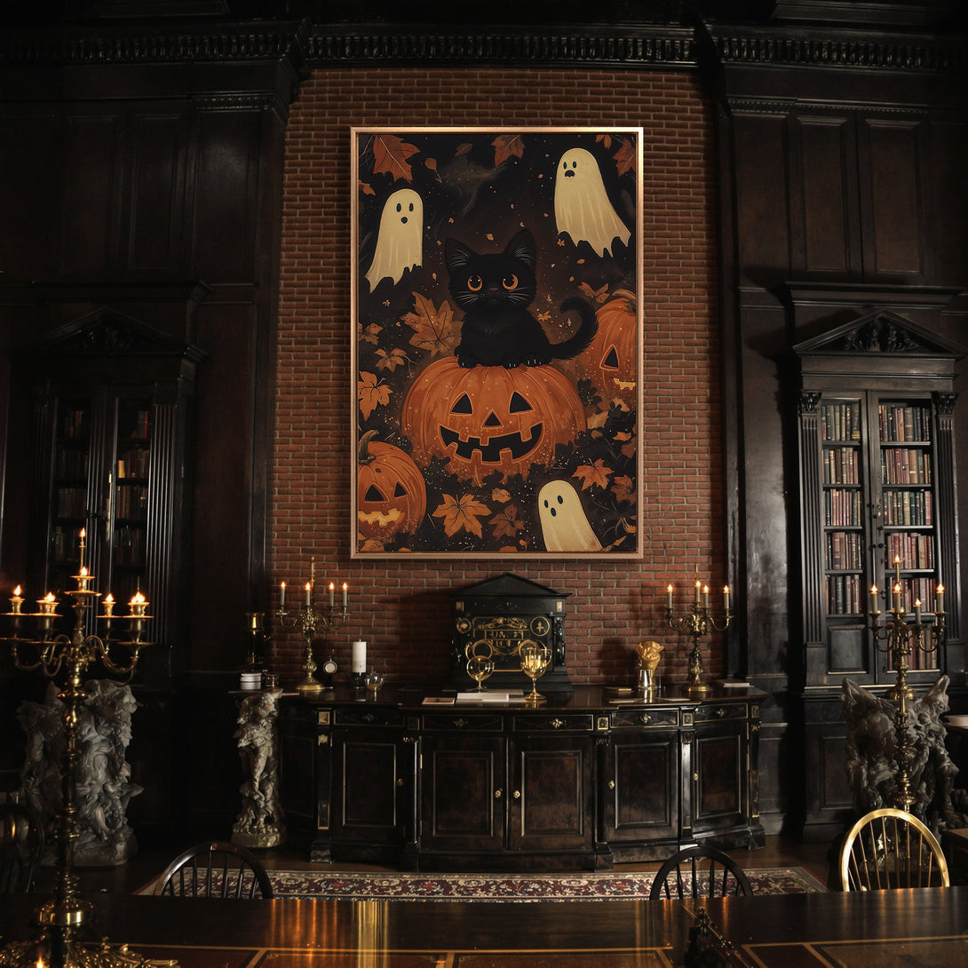 Framed Wall Art: Spooky Halloween scene with black cat, pumpkins, and ghosts. Warm autumn color palette. Perfect for seasonal decor.