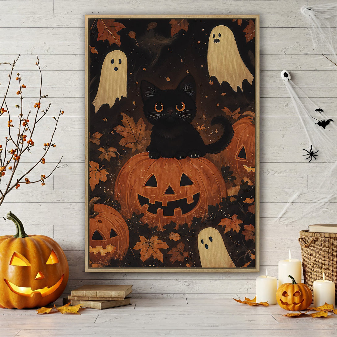 Framed Wall Art: Spooky Halloween scene with a black cat on a pumpkin, ghosts, and fall leaves in warm orange and black tones. Perfect for autumn decor!