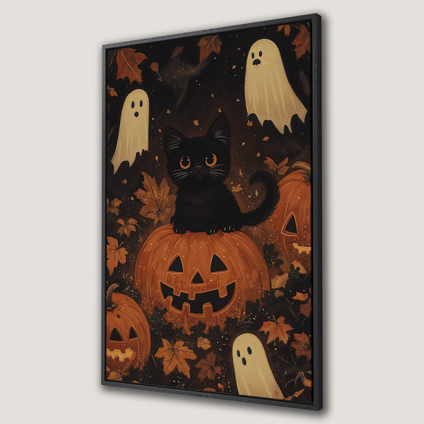 Framed Wall Art featuring a black cat on a pumpkin with ghosts, autumn leaves, and a dark, warm color palette. Perfect Halloween decor!