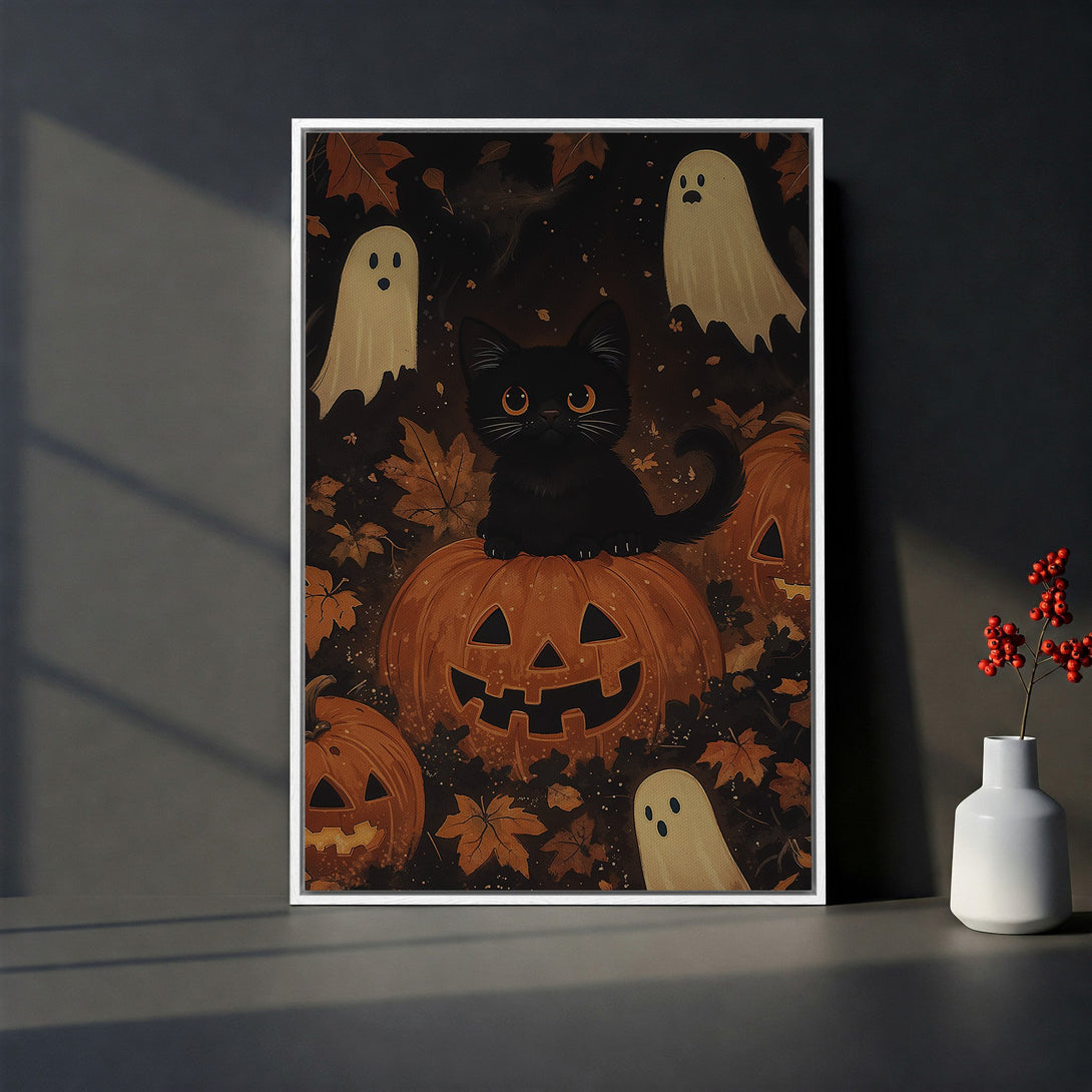 Framed Wall Art: Spooky Halloween scene with black cat on pumpkin, ghosts, and autumn leaves. Warm orange and black color palette. Perfect seasonal decor.