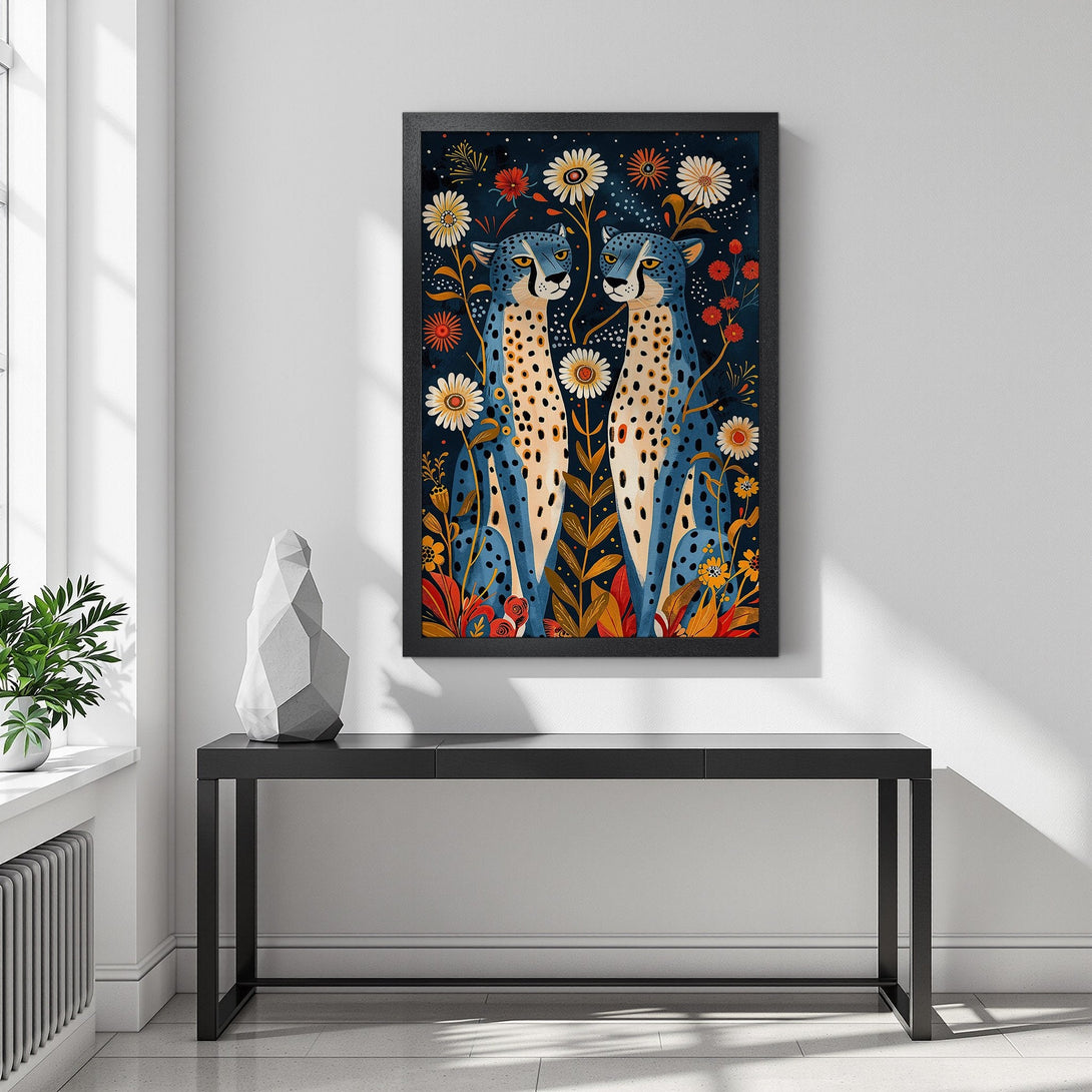 Framed Poster featuring blue cheetahs and floral design, vibrant colors, perfect wall art for your home.