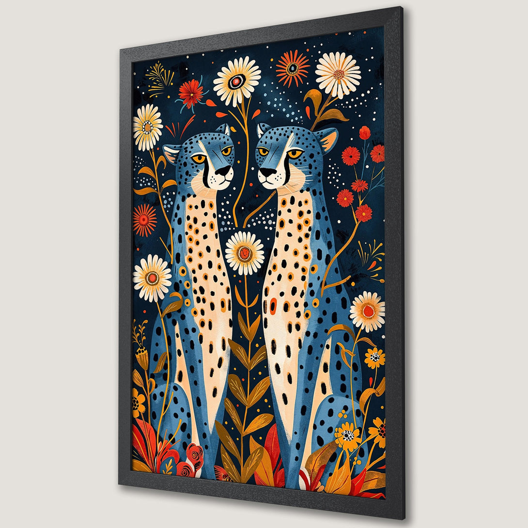 Framed Poster featuring blue cheetahs and floral elements in a whimsical style with a dark blue, orange, and cream color palette.