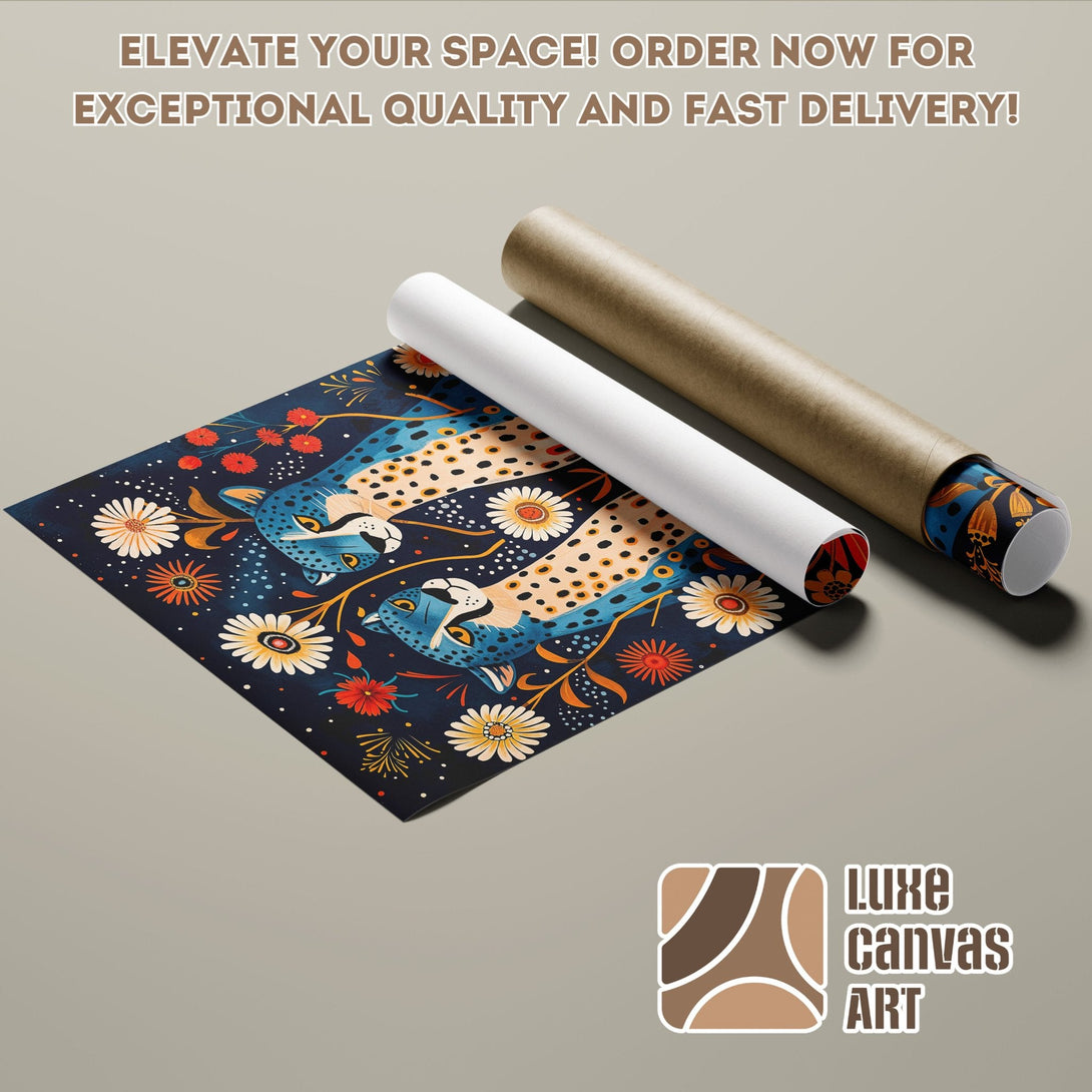Poster Roll featuring a blue leopard design, vibrant colors, and floral elements. Elevate your space!