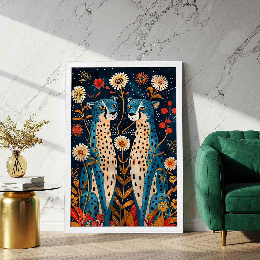 Framed Poster featuring blue cheetahs and floral art. Vibrant colors on a dark background. Perfect wall decor.