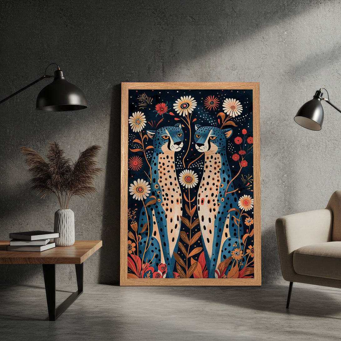 Framed Poster featuring two stylized cheetahs in a floral design, with a blue, orange, and white color palette. Perfect wall art for your home!